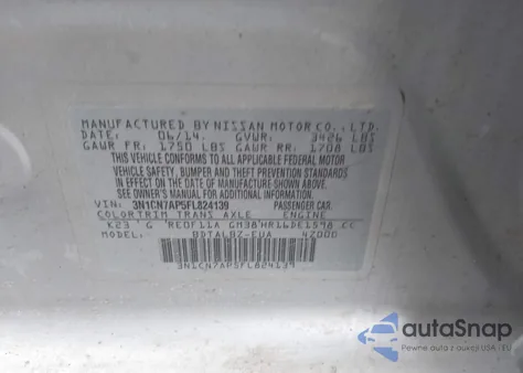 2015 Nissan Versa 1.6 Sv z USA, uszkodzony, nr VIN 3N1CN7AP5FL824139